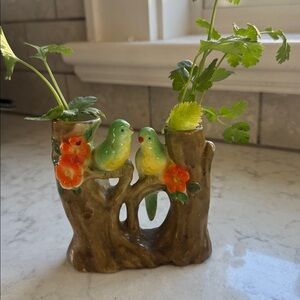 Vintage porcelain, Japan, double vase. Green parrots. Very pretty!